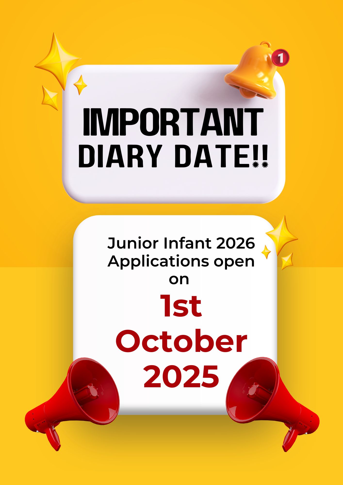 Applications for junior infant 2026 will open on 1st October 2025
