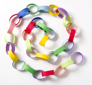 A picture of a paper chain made with different coloured paper