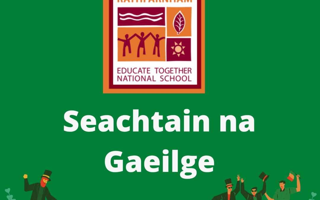 RETNS logo and image of dancing lepracauns for Seachtain na Gaeilge 2026