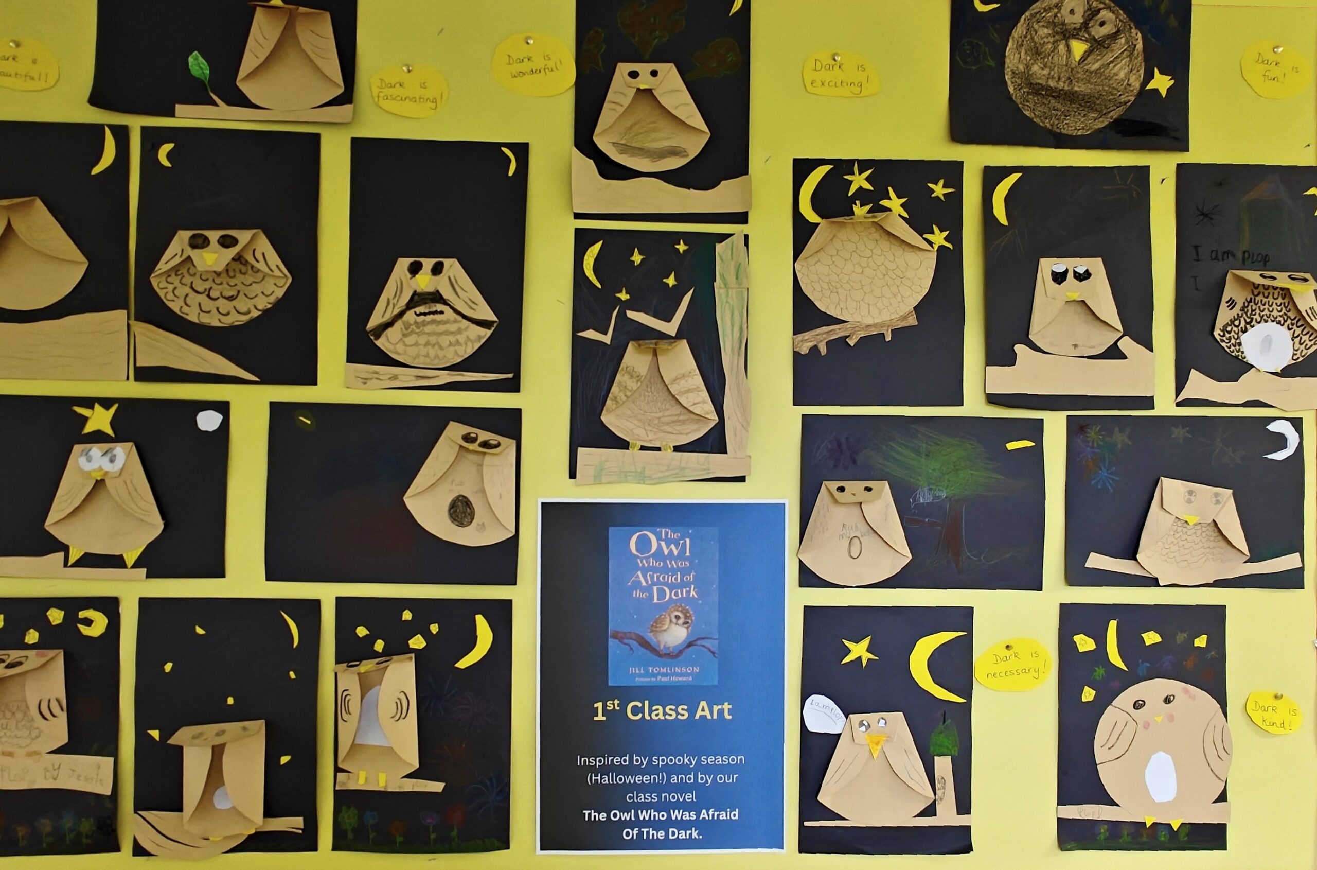 paper owls made by 1st class inspired by the book The owl who was afraid of the dark